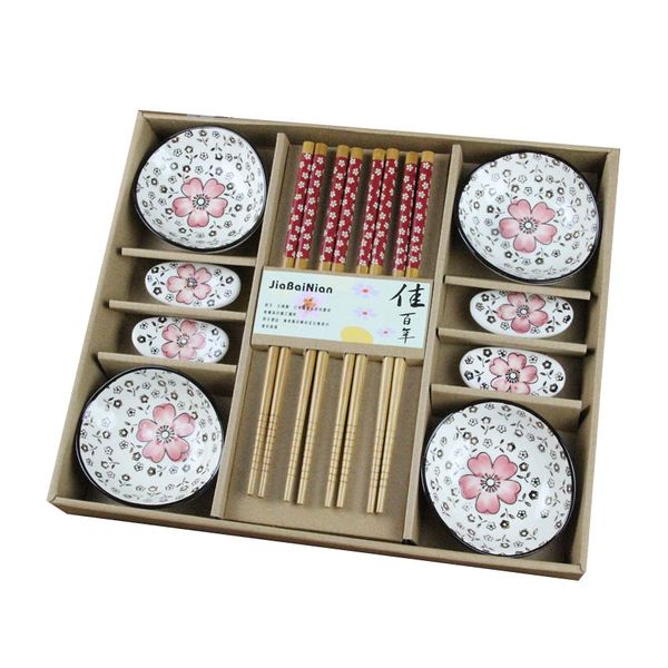 Creative 12 Pieces Japanese Ceramic Sushi Serving Set with Sauce Dishes Chopsticks Rest Assorted Color Hand Painted Sakura Pattern