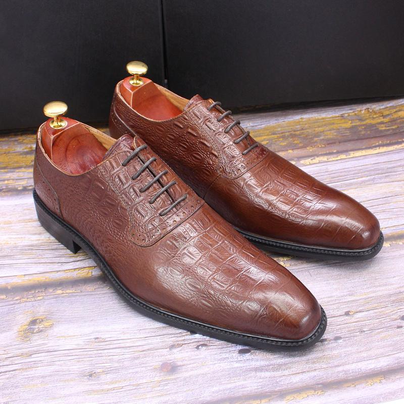 Size 7 To 12 Mens Dress Oxford Shoes Genuine Leather Crocodile Print Lace Up Pointed Toe Office Business Formal For Men