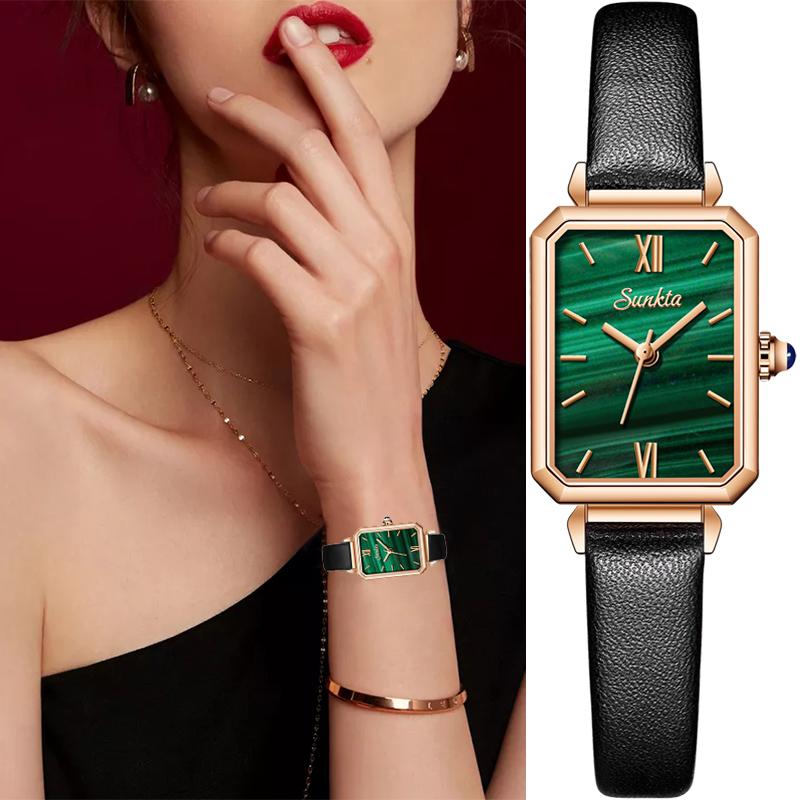 Women Rose Gold Square Slim Watch Waterproof Stainless Steel Mesh Band Quartz Wristwatch Office Lady Green Dial Simple Wristwatches