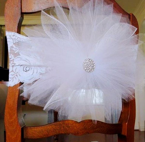 2021 In Stocks Different Colors Wedding Chair Covers Elegant 3D Flower Tulle Crystal Lace Chairs Sashes Decorations Skirts ZJ017