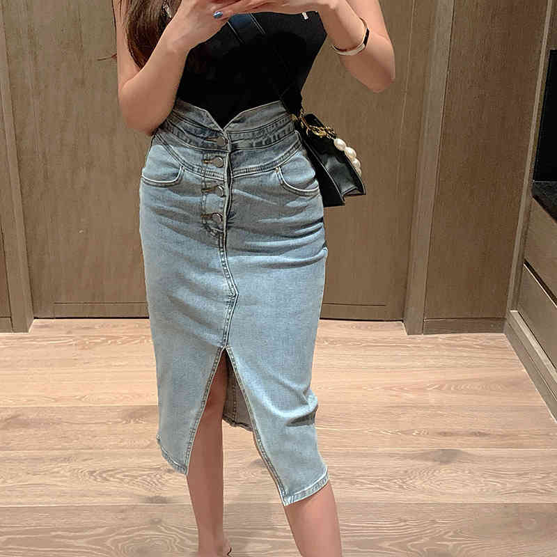 Skirts Autumn High Waist Slit Skirt Denim Korean Style Single Buttons Up Pockets A Line Elegant Blue Midi Jeans Womens T3A9