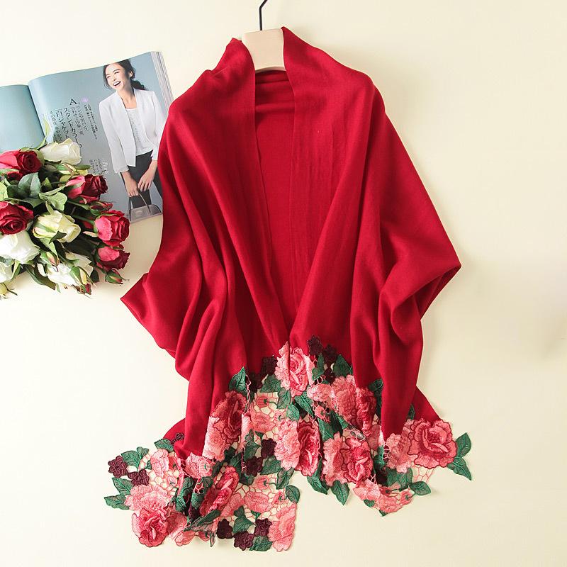 Women Embridery 100% Wool Scarf All-Match Shawls And Wraps For Ladies Luxury Poncho Cashmere Neckerchief Stoles Bandanas