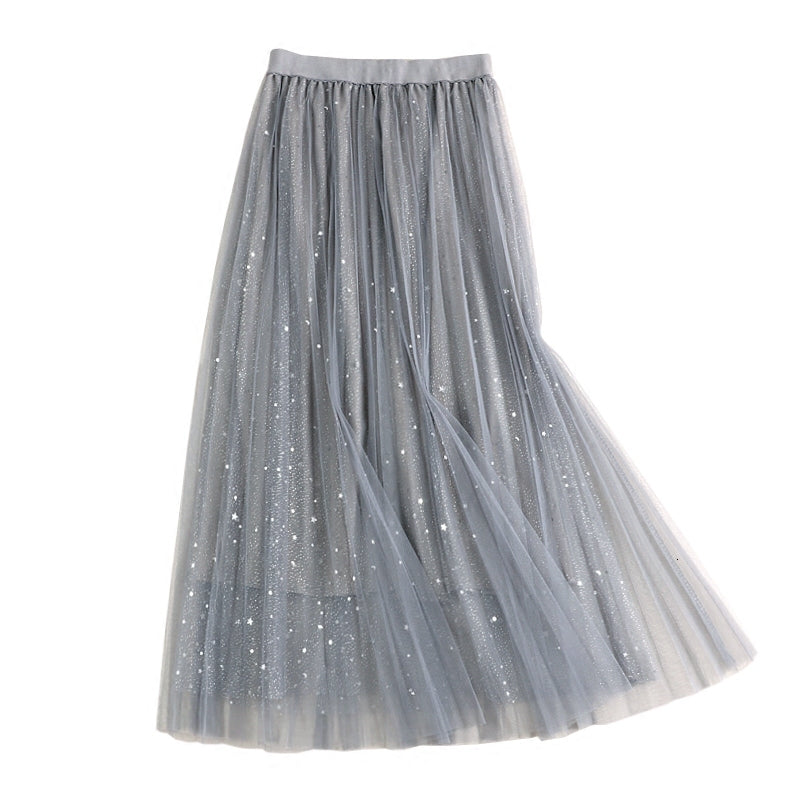 Casual Dresses Summer Stars Metallic Long Pleated Gauze Skirts Mesh Sequins Women Starry Tulle Waist Elastic A-line Mid-calf Tutu