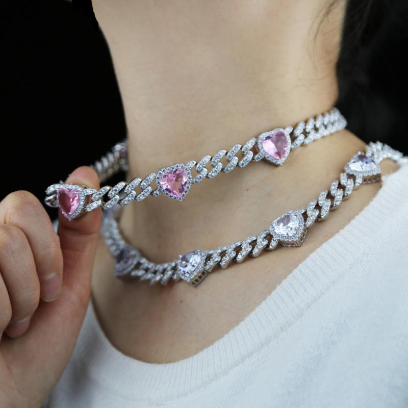 Iced Out Hip Hop Necklace With Cubic Zircon 12mm Miami Cuban Link Chain Paved Pink Heart CZ Charm Choker Jewelry For Women Chokers