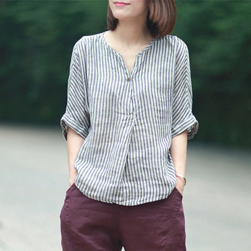 Johnature Women Striped Shirts 2019 Summer New Batwing Sleeve Casual Blouses Linen Japanese Blouse Loose Vintage Simple Top q4wc#