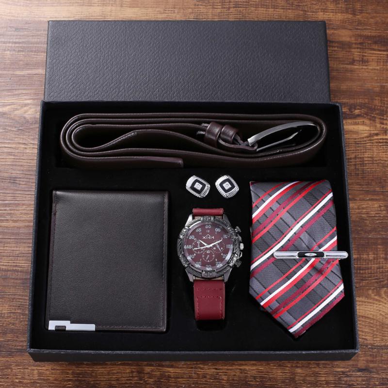 Wristwatches 5pcs-set Men&#039;s Gifts Set Fashion Sport Watch Men Leather Belt Wallet Cufflinks Tie Sets Gift Box For Present Drop
