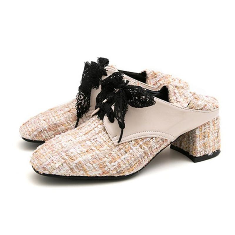 Dress Shoes PXELENA 2021 Spring Vintage Women Oxfords Plaid Patchwork Lace Up Chunky Med Heels Pumps Office Lady Mules Large Size