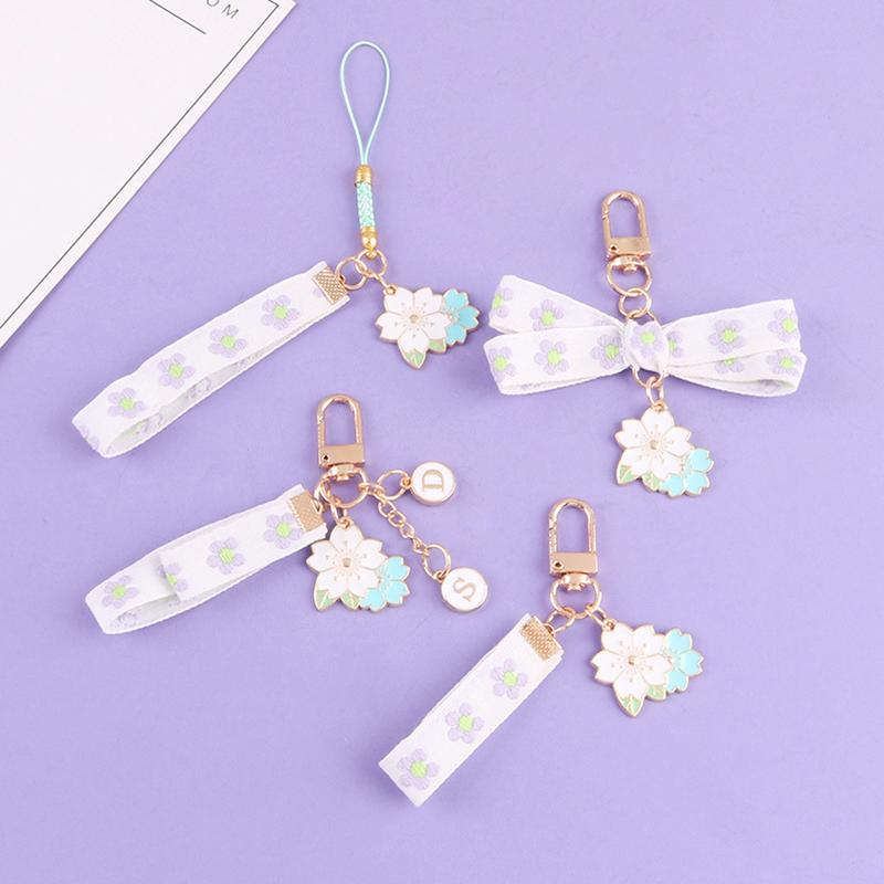 Keychains Fashion Violet Ribbon Twin Flower Keychain Cute Letter Metal Keyring For Women Car Bag Key Chains Ornament Gifts