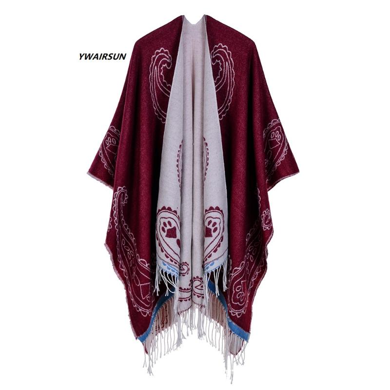 Scarves YWAIRSUN Ethnic Style Shawl Imitation Cashmere Scarf Ladies Cloak Black Autumn Winter Warm Fringe Cashew Flower Poncho Plain