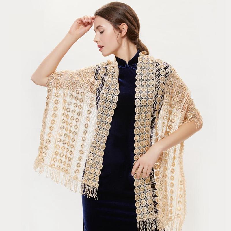 Scarves Elegant Women Lace Hollowing Sequins Embroidery Fringed Shawl Scarf All-Match Ladies Cheongsam Evening Wedding Shawls Tippet