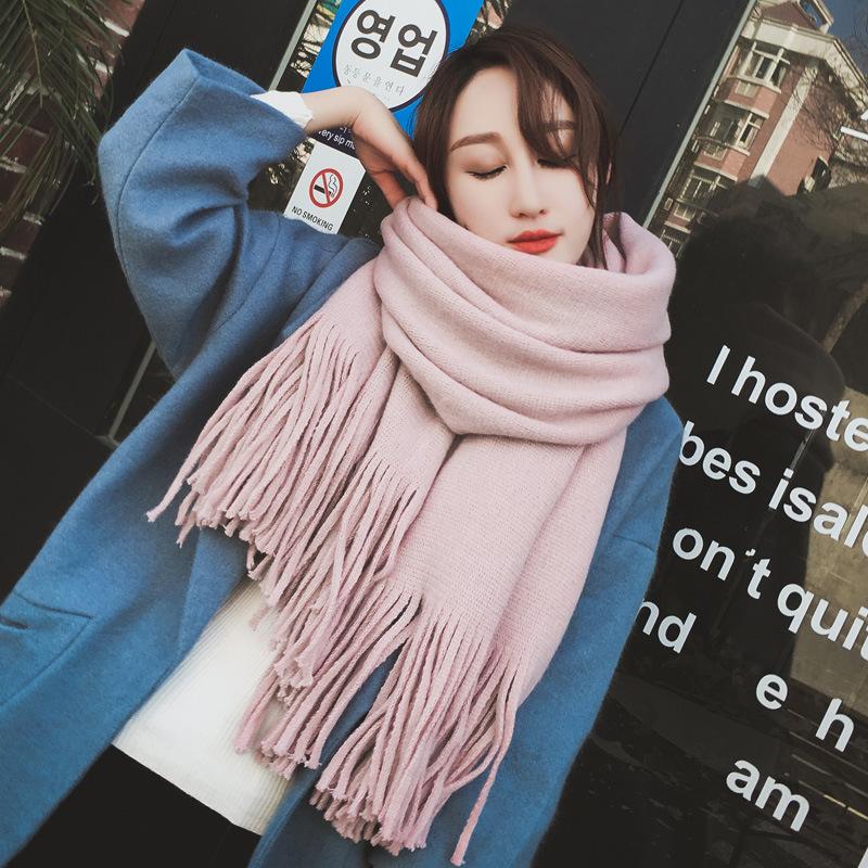 Scarves Autumn And Winter Solid Color Double-sided Cashmere Scarf Thickened Tassel Ladies Two-color Warm