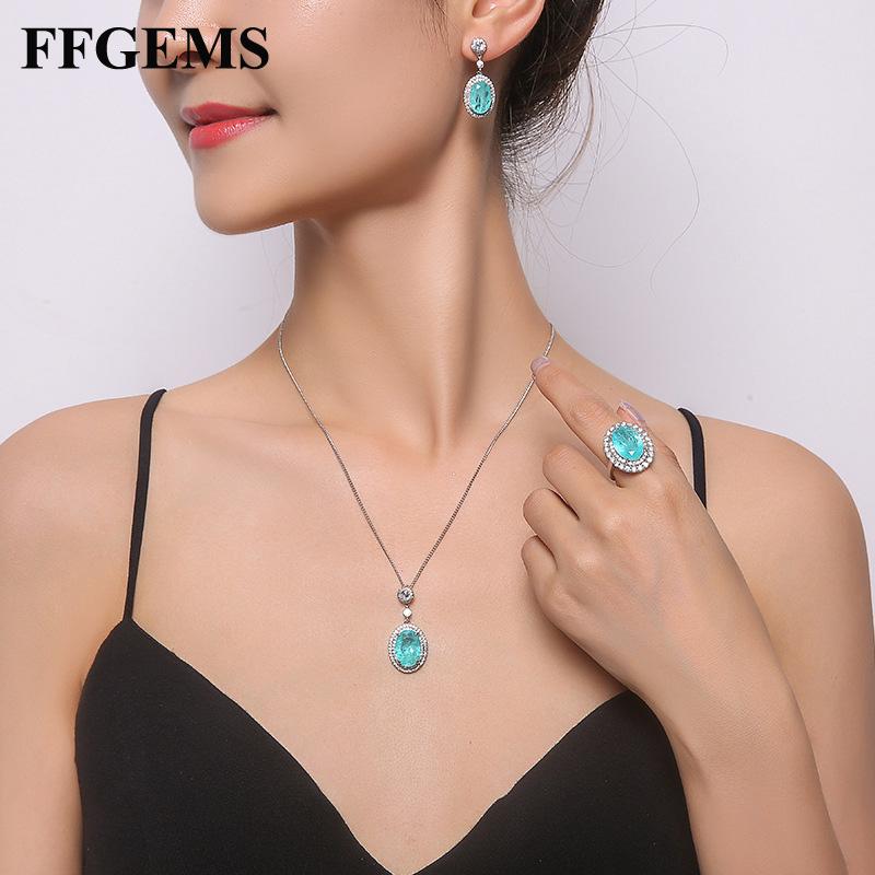 Dangle & Chandelier FFGems High Quolity Paraiba Emerald Big Oval Gemstones Silver Gold Color Earrings Necklace Sets For Women Girl Gift Whol