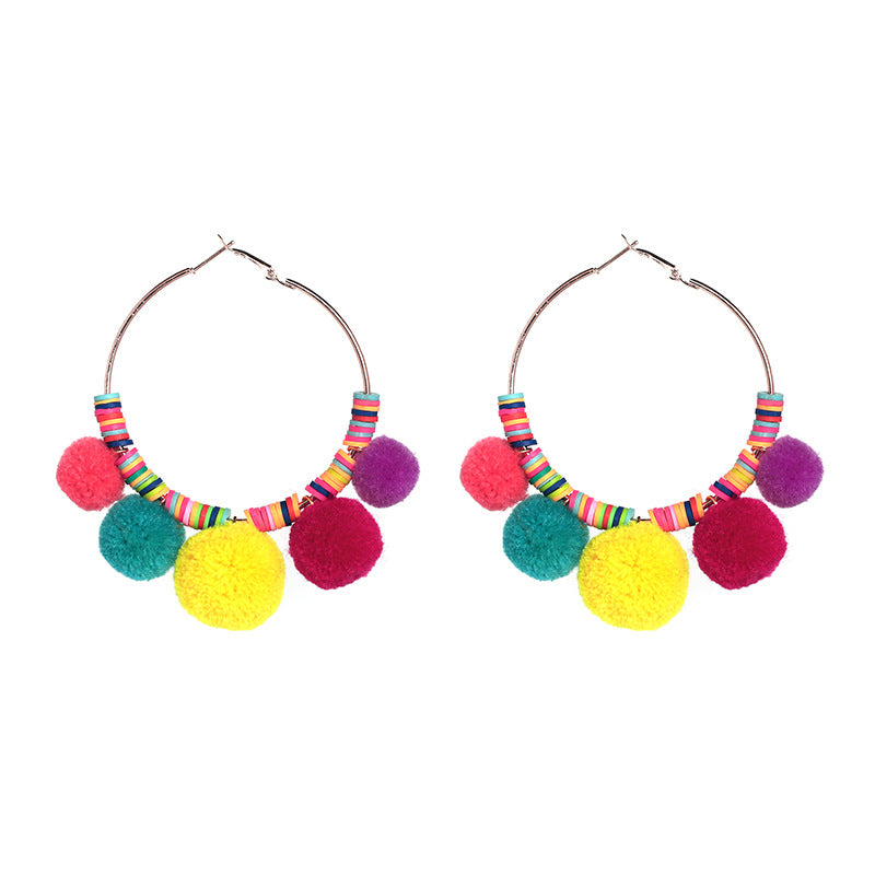 Plush ball hoop earrings Bohemian ethnic style fashion cute candy color Plush-ball + alloy ear buckle simple personality handmade rubber piece ears