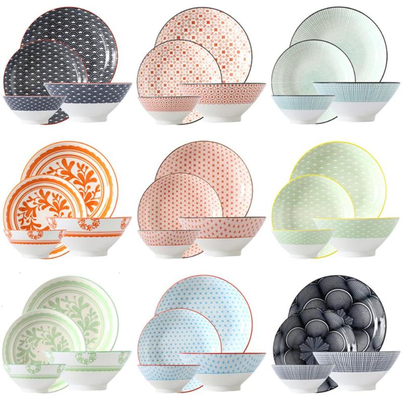 Dishes & Plates Ceramic Plate Bamboo Hat Bowl Set 4 Pcs - Combo Underglaze Round Shape Porcelain Tableware Support Oven Dishwasher CZY1015-3