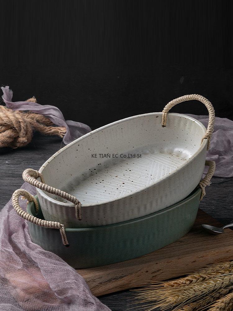 Dishes & Plates Japanese Retro Ceramic Dinner Plate Binaural Rope Tray Household Fruit Dessert Kitchen Stoare Soup Tableware