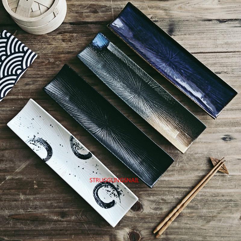 Dishes & Plates Sushi Plate Ceramic Rectangular Creative Japanese Cuisine Pastry Hand-painted Long Sashimi Saury