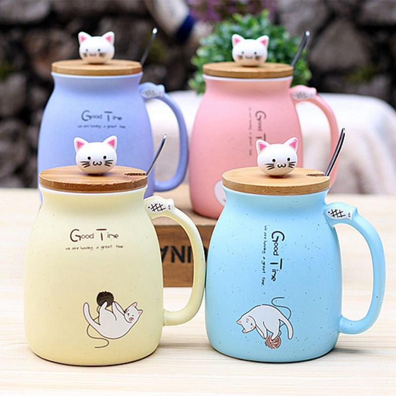Mugs Sesame Cat Heat-resistant Cup Color Cartoon With Lid Kitten Milk Coffee Ceramic Mug Children Office Gifts