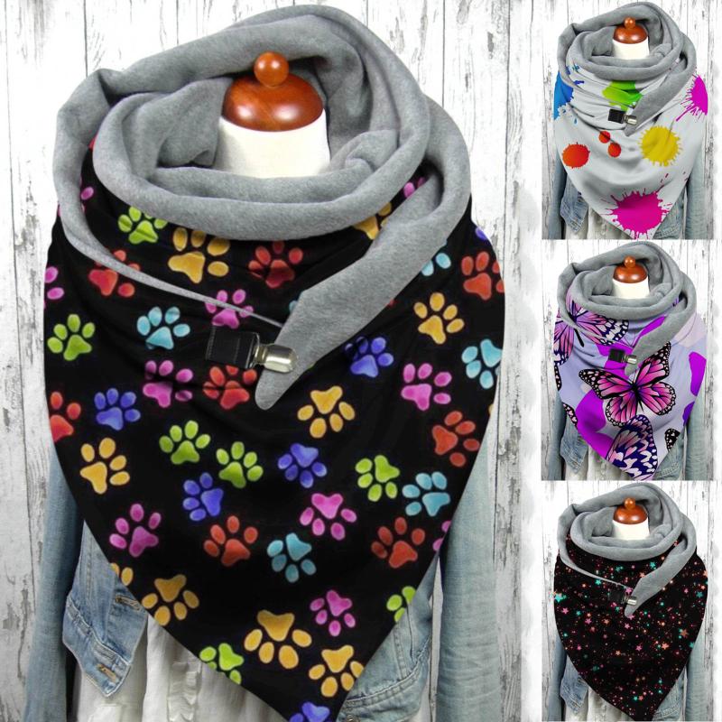 Scarves 2021 Winter Fashion Women&#039;s Cute Printing Scarf Hijabs Female Button Soft Wrap Casual Retro Thick Warm Shawl