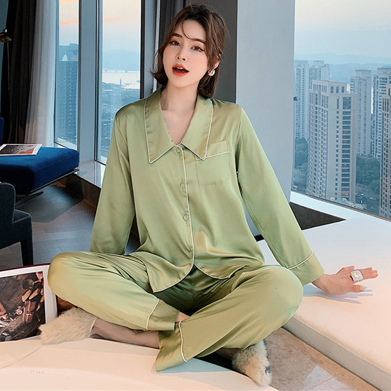 Women&#039;s Sleepwear Ice Silk Loose Night Wear Women Pajamas Rayon Long Sleeve Trousers Two Piece Suit Lapel Ladies Pyjamas Set
