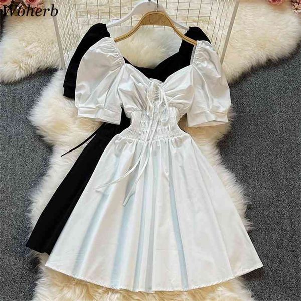 Summer Dress Woman Square Collar Puff Sleeve Vestidos Mujer White Temperament Mini Dresses Korean Slim Robe 210519