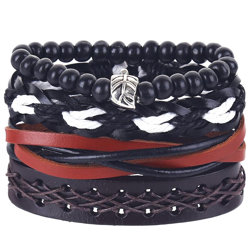 Charm Bracelets 4pcs-set Hippie Punk Black Red Dark Brown Leather Braiding Rope Leaf Onyx Beads Stackable Man Set For Gift