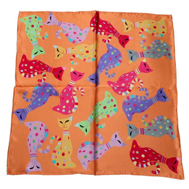 Scarves 100% Silk Scarf Neckerchief Lovely Cats Print Head For Women Fashion Foulard 65x65cm