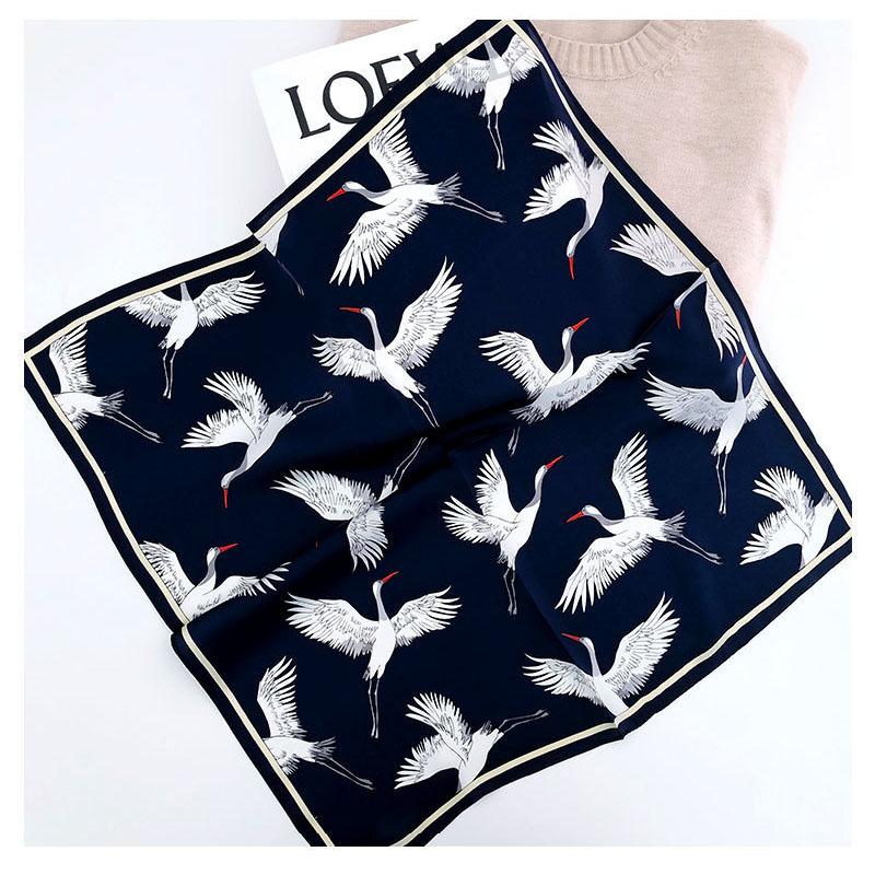 Scarves 100% Natura Silk Hair Scarf Women Foulard Neck Wrap 52cm Square Kerchief Soft Bandana Birds Print Female Head Band