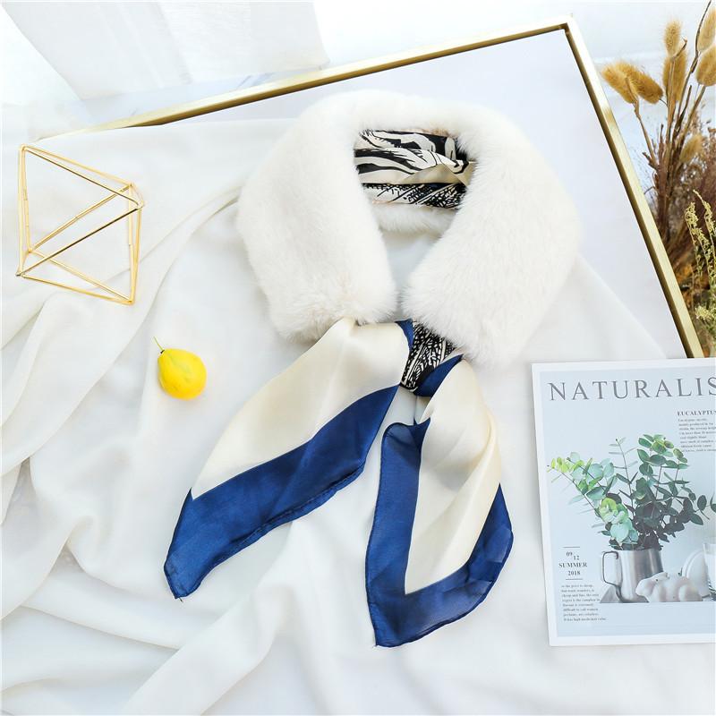 Scarves 2021 Blue Scarf Ladie Elegant Luxury Silk For Women Faux Fur Collar Thick Neck Warmer Coat Inverno Cachecol