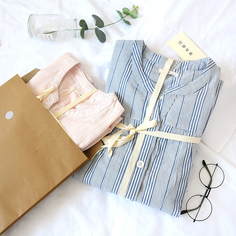 Women&#039;s Sleepwear Womens Home Sets Long Sleeve Homewear Cotton Female Pajamas Pink-Blue Striped Sleeping Clothes For Home Women Sleep Wear USH1