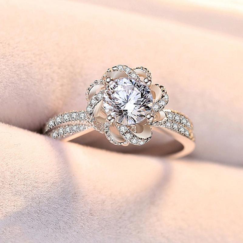 Cluster Rings 18k White Gold Silver Color Zircon Diamonds Gemstones For Women Bague Jewelry Princess Fashion Wedding Bands Gifts