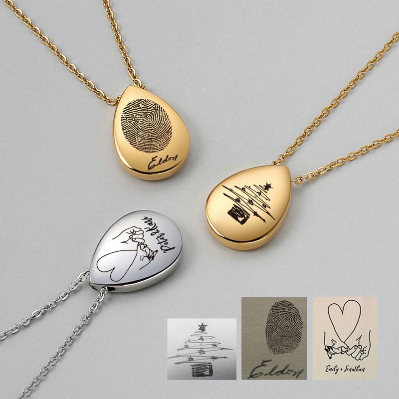 Pendant Necklaces Teardrop Memorial Fingerprint Handwriting Drop Charm Necklace, Gift For Mother