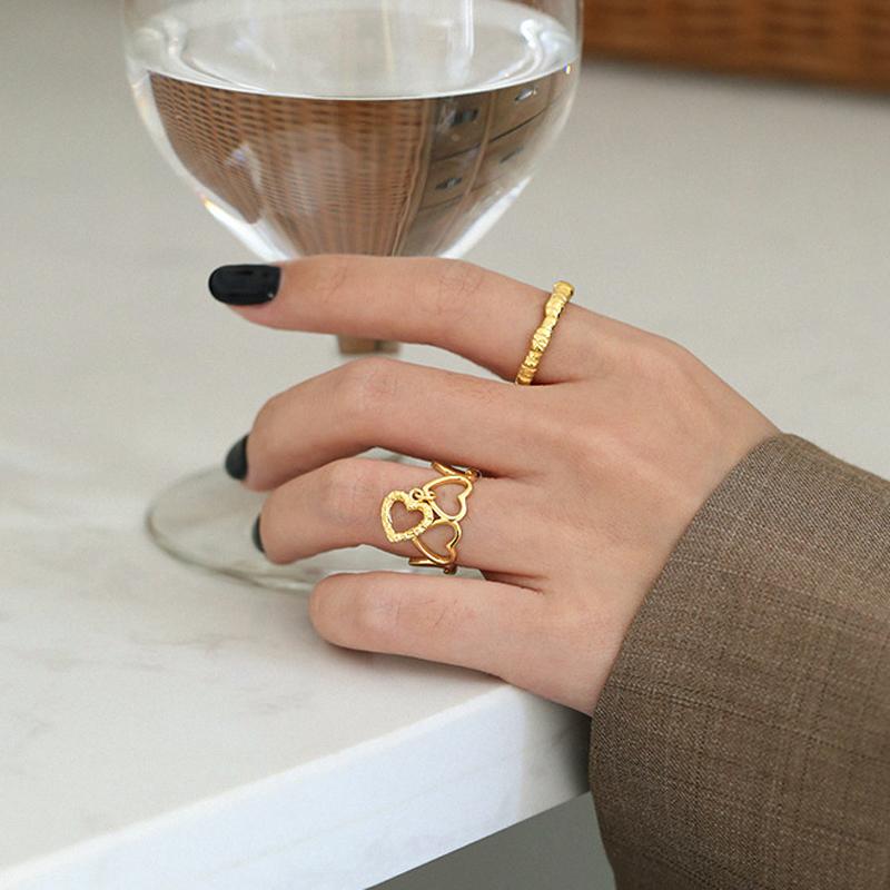 Cluster Rings Real 925 Silver Ring For Women Open Gold Heart Size Adjustable Girls Women&#039;s Jewelery Year Gift