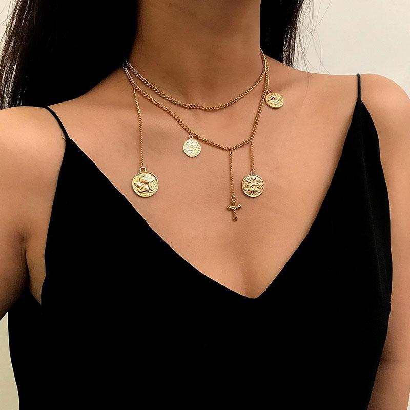 Chokers Ethnic Angle Coin Chain Tassel Necklace For Women European Design Link Multilayers Short Sweater Neck Collar C2106