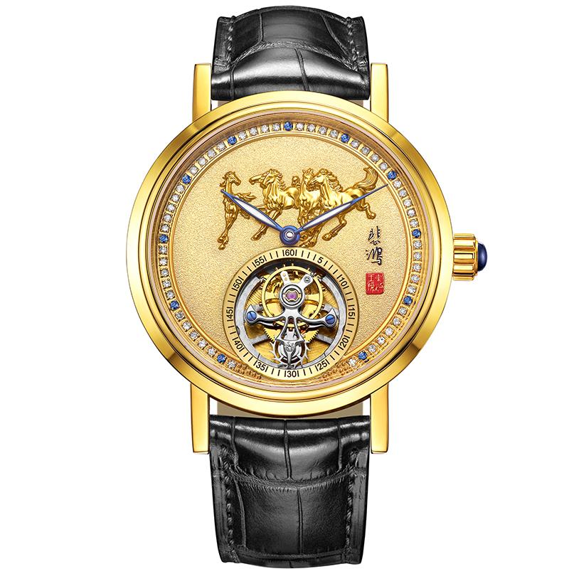 Wristwatches Business Luxury Tourbillon Men Watch Gold Plated 18K Aviation Automatic Mechanical Man Embossed Dragon Gift Clock