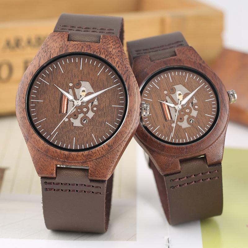 Wristwatches Top Lovers Walnut Wood Watches Retro Stripe Men&#039;s Skeleton Hollow Dial Clock Leather Creative Wooden Watch Gifts For Men Women