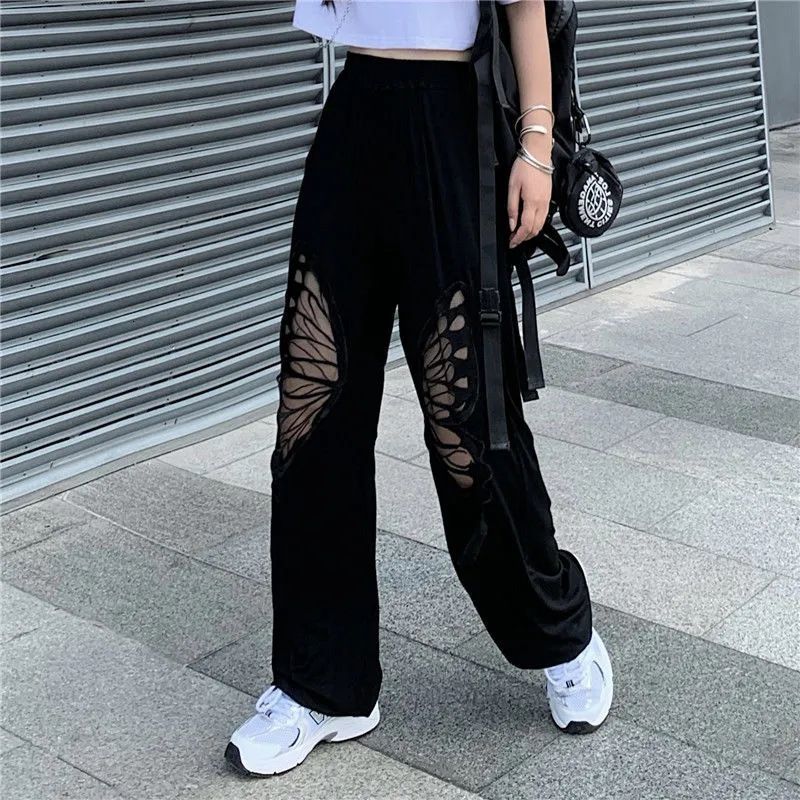 Skirts Black Cut-out Straight Pants Women&#039;s Bows Wide Leg Y2k Loose Vintage Streetwear High Waist Casual Trousers Harajuku Style K