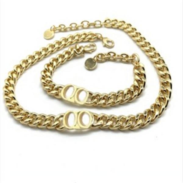 2021 Fashion stainless steel letter choker 14k gold cuban link chain necklace bracelet ear studs for mens and women lovers gift With BOX