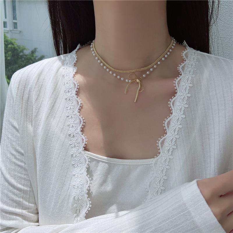 Chokers Layered Stacking Butterflies Knot Pearl Necklace Fashion Charms Clavicle Chain 2021 Women&#039;s Neck Jewelry Accessories