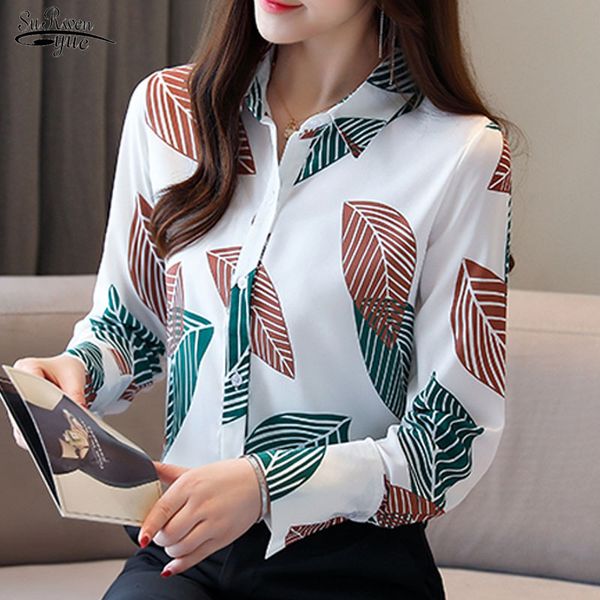 Long Sleeve Print Chiffon Shirt Women Korean Loose Office Lady Blouse Tops and Blouses Blusas Mujer De Moda 10617 210521