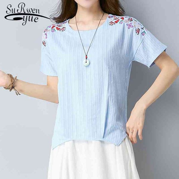 Spring Summer Casual National Women Shirt Short Sleeve Embroidery Floral Cotton Linen Loose Blouses D857 30 210521