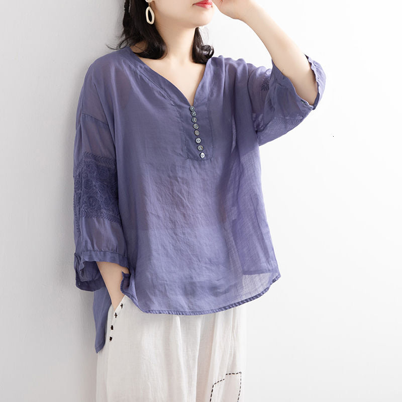 Women&#039;s Cape Summer Arts Style Women Short Sleeve Loose V-neck Shirts Frivolity Cotton Linen Vintage Blouses Tops Femme Blusa M120