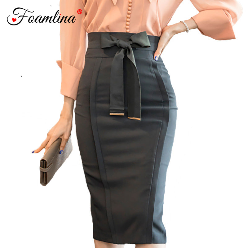Skirts Foamlina Elegant Women&#039;s Pencil New Fashion Korean OL Style Bowknot High Waist Knee Length Work Office Bodycon K8J4