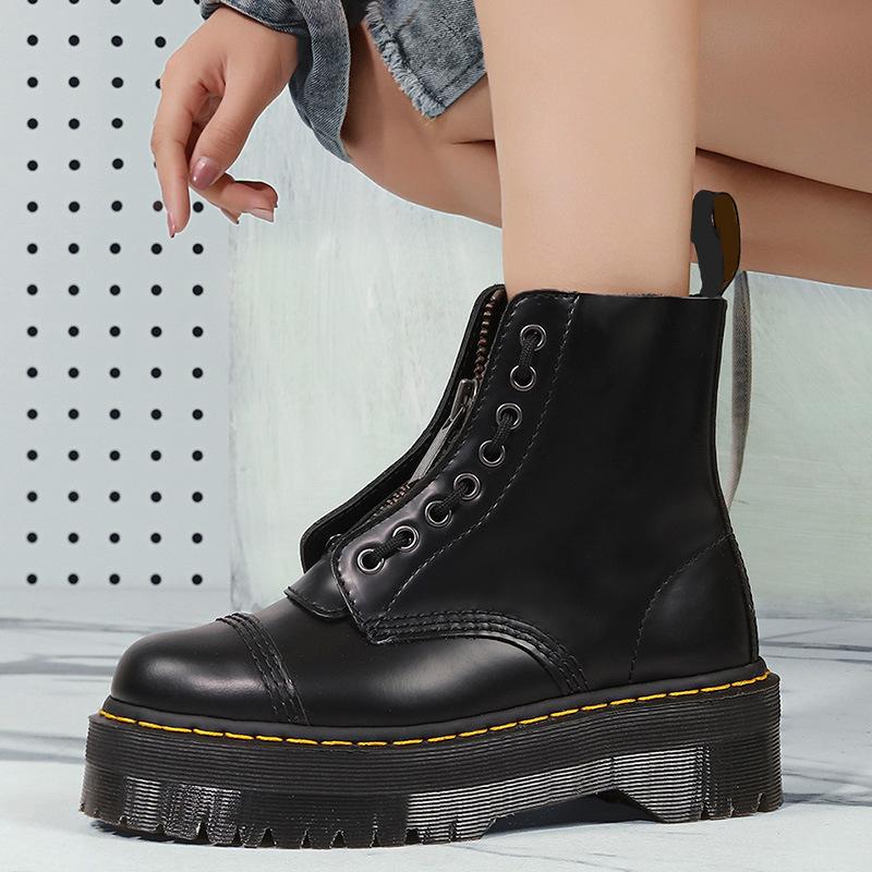 Boots Women's Cowhide Thick Bottom Front Zipper Fashion Korean Short Muffin Sewing