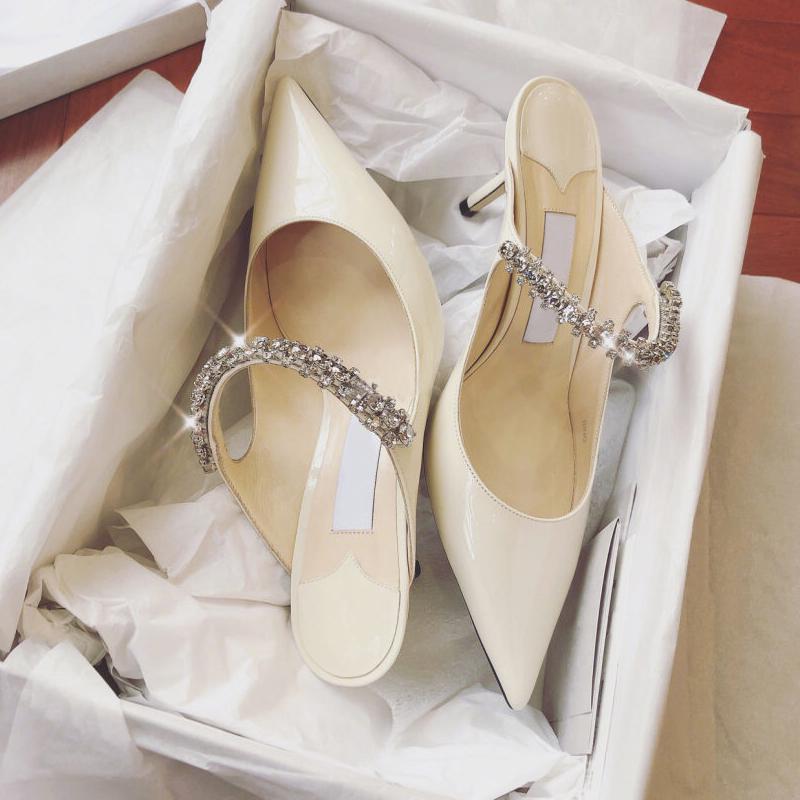 Slippers Spring Crystal Woman Mules Slingback Mary Janes Ladies Shoes Glitter Rhinestone Patent Leather Summer Sandals