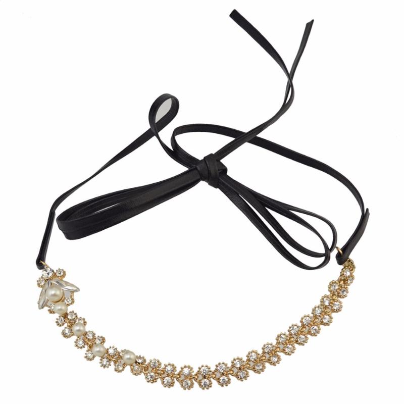 Chokers Ladies Gold Metal Crystal Pearl Flower Shape Statement Bib Choker Necklace Black PU Leather DIY Charm Collar Mujer