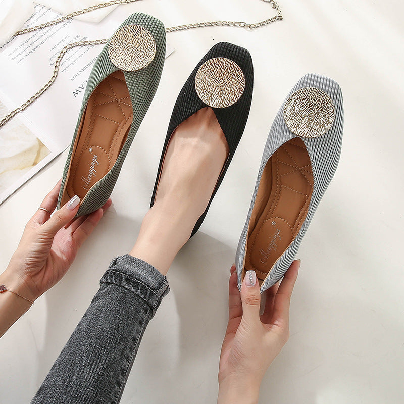 Dress Shoes Spring Summer Flat Woman Round Metal Buckle Ballet Flats Ladies Knitting Loafers Shallow Mouth Slip on Moccasins 9GJO