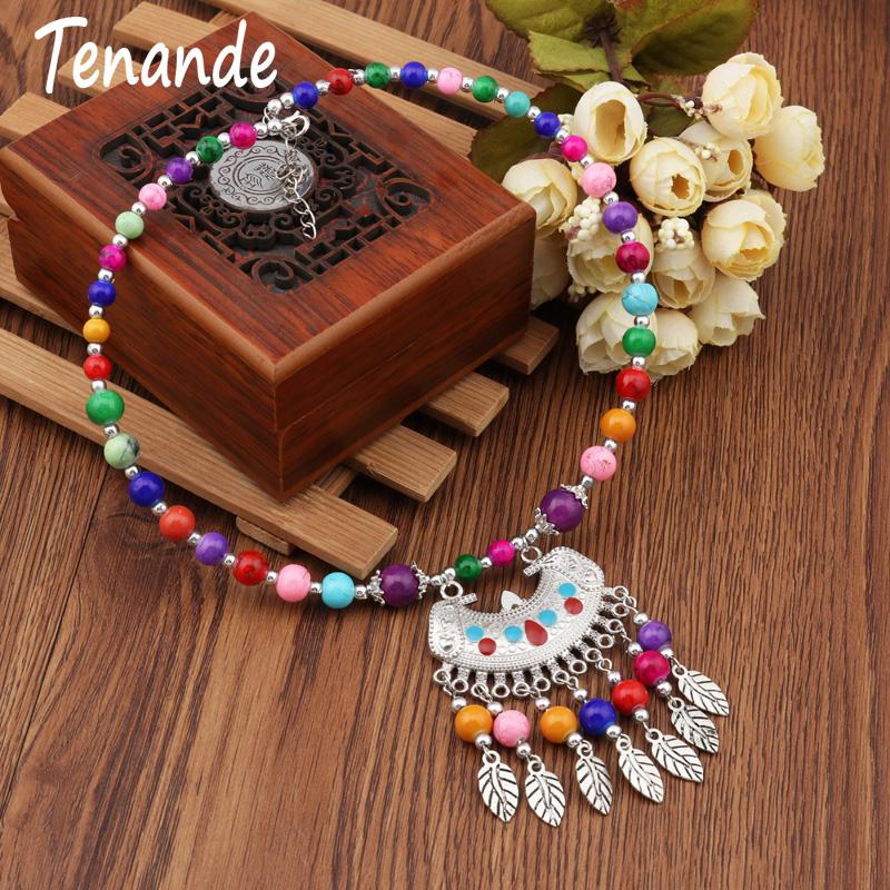 Chokers Tenande Vintage Boho Big Statement Natural Stone Beads Leaves Tassel Necklaces & Pendants For Women Maxi Tribal Jewelry Collier
