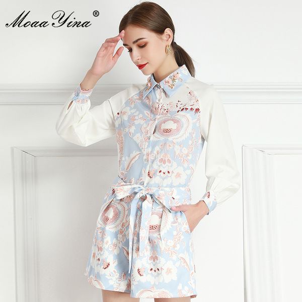 Fashion Set Spring Women&#039;s Long sleeve Beaded Turn-down Collar Print Blouses Tops+Shorts Two-piece set 210524