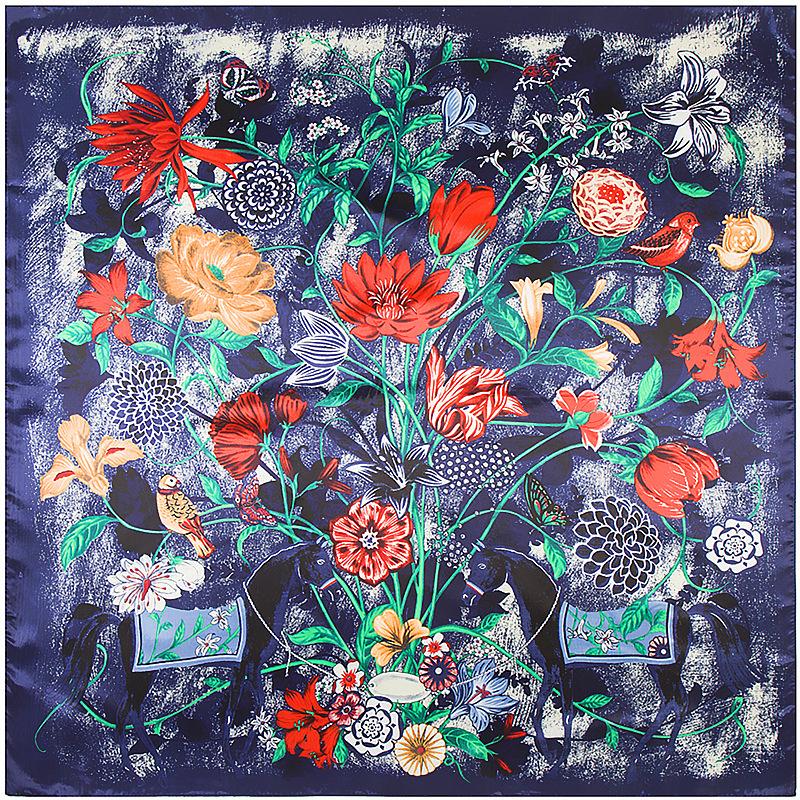 Scarves 90*90cm Silk Square Scarf Women Fashion Imitated Satin Horse View Flowers High Quality Shawl Hijab