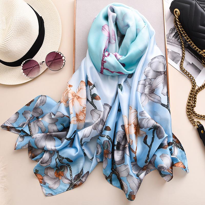 Scarves Women Imitation Silk Scarf Magnolia Print Shawls Office Lady Soft Wraps Female Headscarf Beach Towel Gift 90x180cm